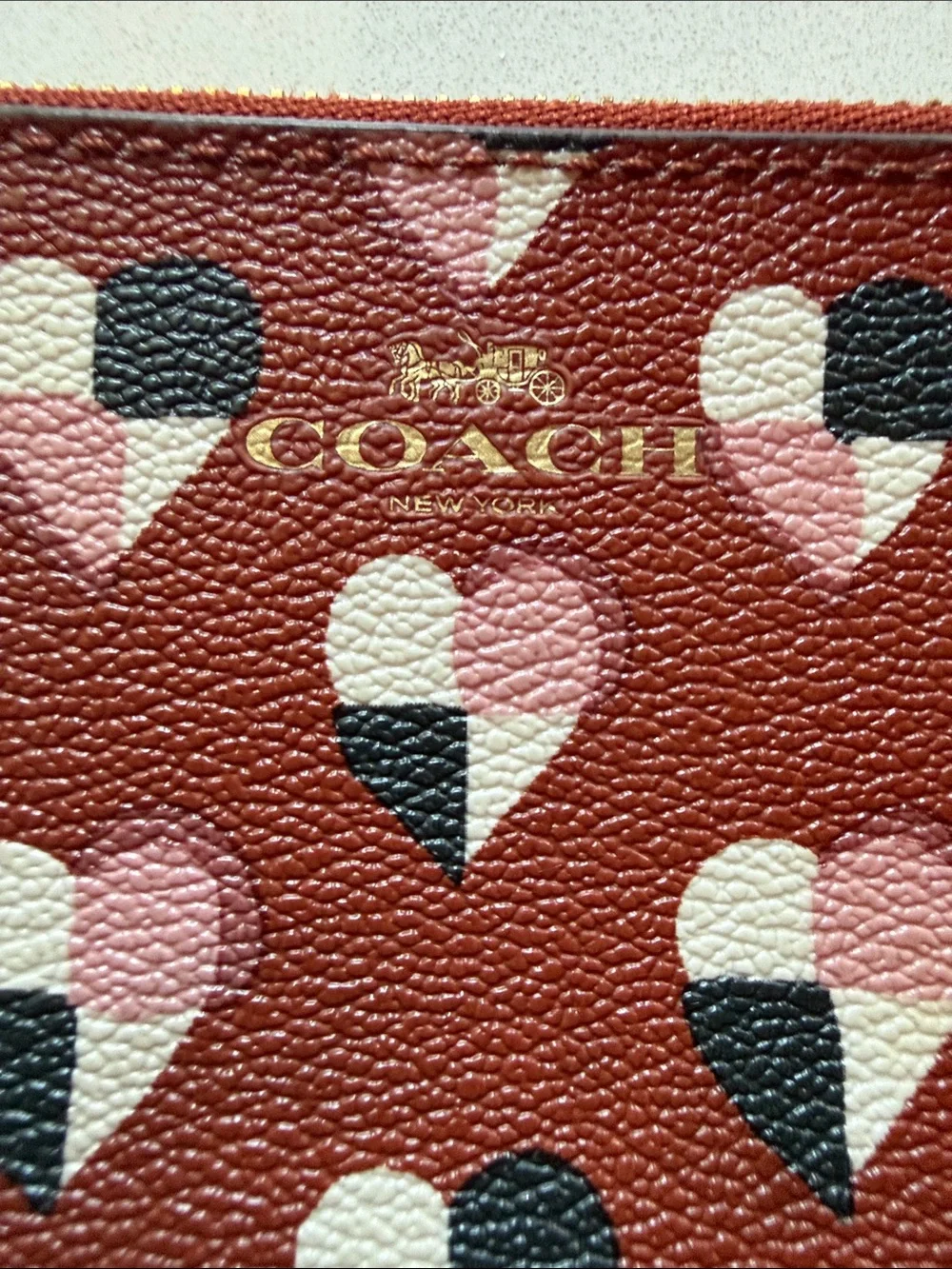 Coach Checked Red Heart-Print Leather Corner Zip Wristlet w/ Black Strap